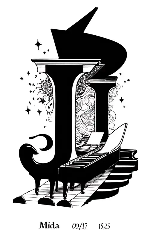 Pianist who plays the piano, the writings that never died, king Mida, dreams of gold, letter J and the dates 15/01/25 and 09/07/25 tattoo design idea