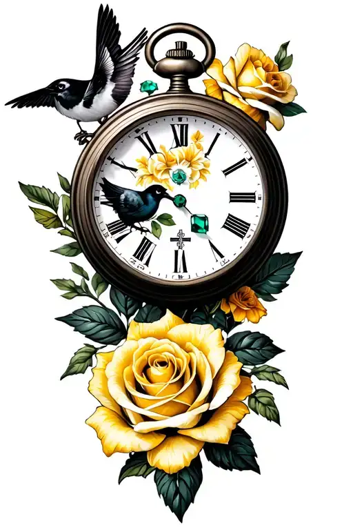 wild flowers, yellow roses, pocket watch, cross, bird , green emerald tattoo design idea