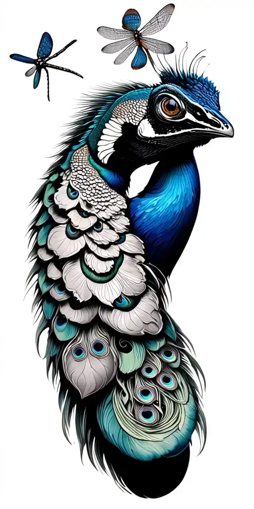Sleeve with a peacock, dragonfly, iguana tattoo design idea