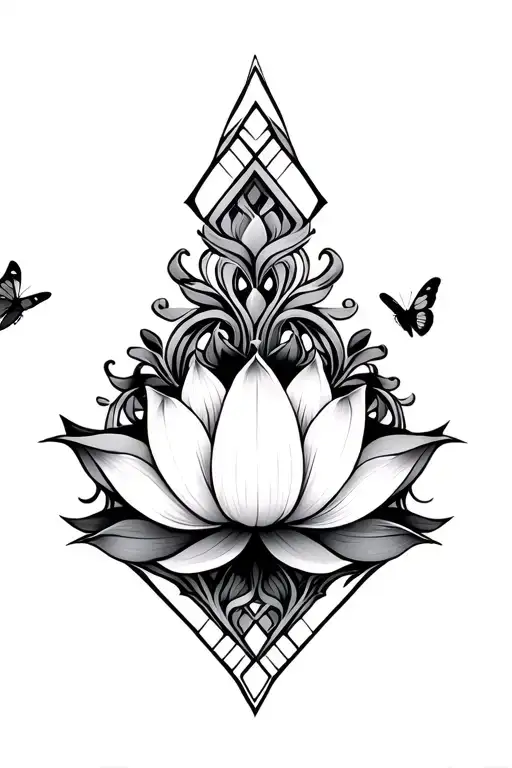 Symmetrical lotus flower with geometric diamond frames, swirling ornamental vines and delicate butterflies tattoo design idea