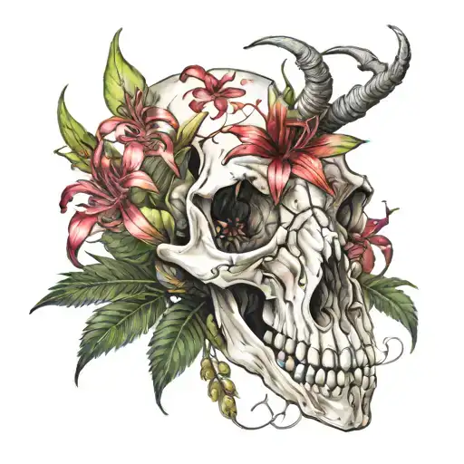 horse skull laying in a bush of red spider lilies  tattoo design idea