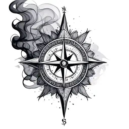 compass with mandala and smoke tattoo design idea