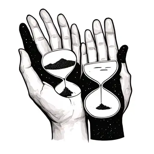 Couple hand tattoo idea: one hand with a minimal hourglass outline, the other hand with a single grain of sand symbol, f tattoo design idea