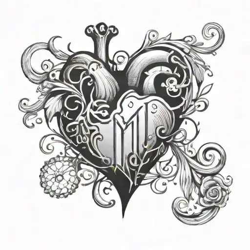 simple realistic heart with sewn in letter m tattoo design idea