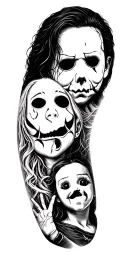 chucky and Tiffany and ghost face and Michael Myers's and Jason sleeve tattoo design idea