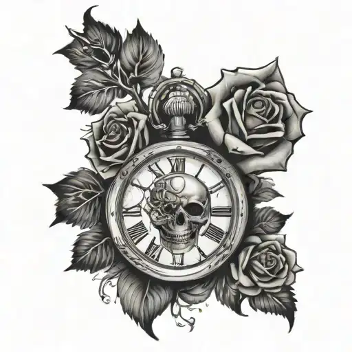 skull, rose, rosery, Roman numeral clock, skeleton hand tattoo design idea