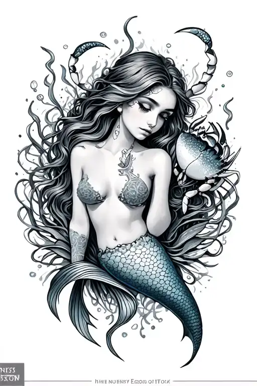ocean theme with mermaid and crab tattoo design idea
