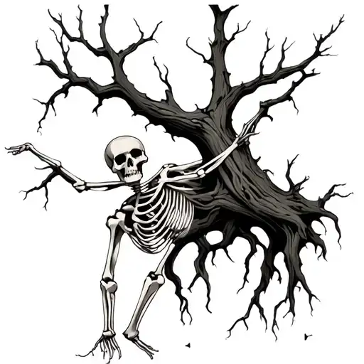 Black and grey realistic tattoo of a gnarled dead tree with twisted bare branches. A detailed human skeleton is clinging tattoo design idea