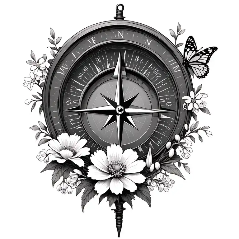 compass surrounded by carnations, lily of the valley flowers, snowdrops, cosmos and a butterfly tattoo design idea