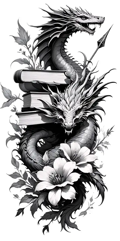 books and fantasy with flying dragons, flowers and arrows tattoo design idea