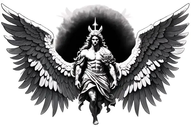 full body gaurdian angel, wings spread wide, male tattoo design idea