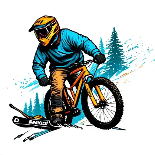 Tattoo design for the shoulder, with a few colored elements, topics of powder ski and mountain bike and the saying "In D tattoo design idea