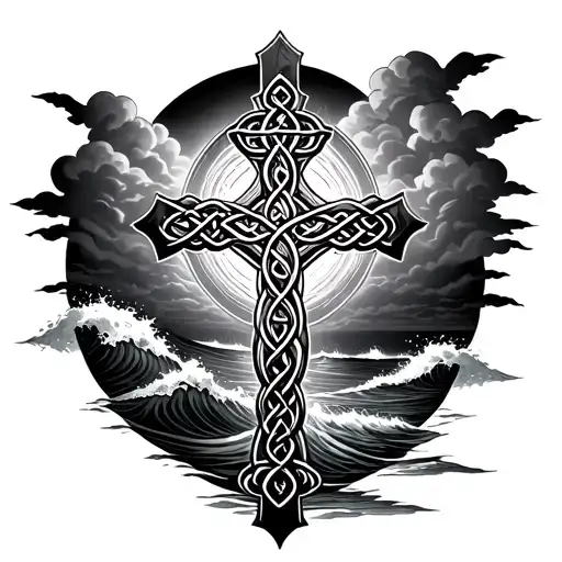 Celtic cross, cardinal, waves crashing in the background, heaven, clouds, catholic tattoo design idea