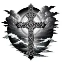Celtic cross, cardinal, waves crashing in the background, heaven, clouds, catholic tattoo design idea
