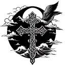 Celtic cross, cardinal, waves crashing in the background, heaven, clouds, catholic tattoo design idea