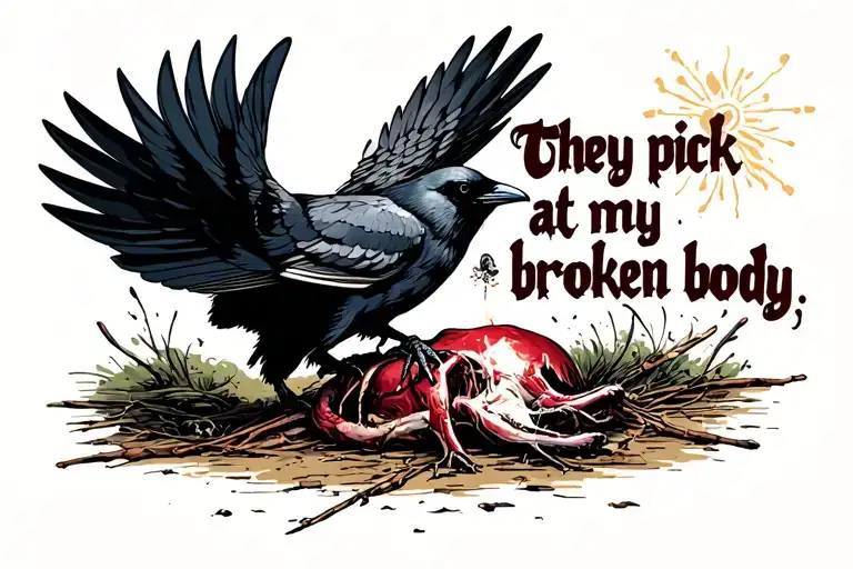 The text" They pick at my broken body" and an image of a crow picking at a carcass tattoo design idea