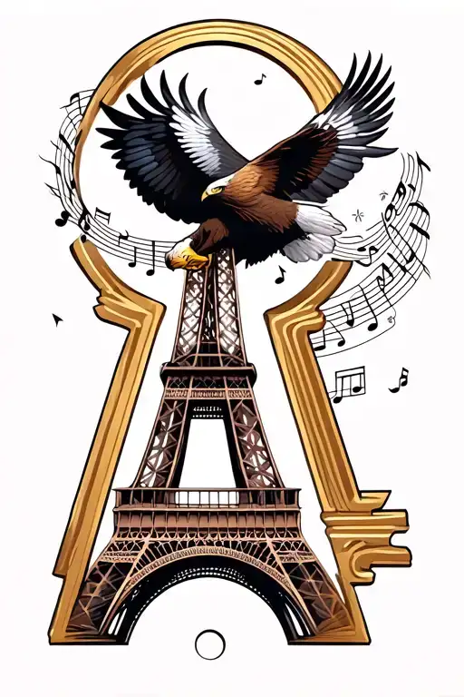 key hole that shows the eiffel tower, roman coluseum and an eagle soaring with music notes tattoo design idea
