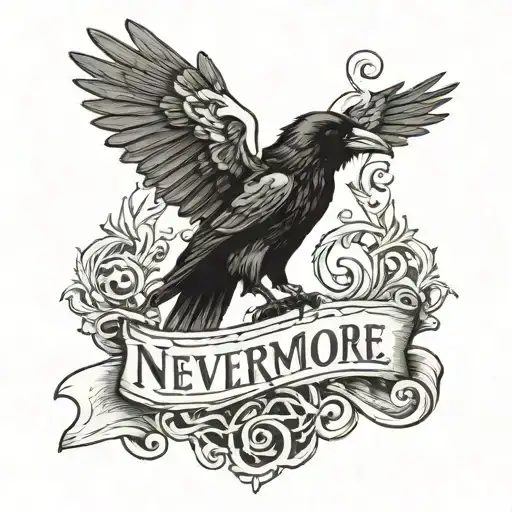 raven with the word "nevermore" written on a scroll underneath tattoo design idea