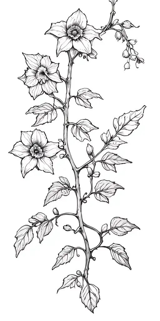 fine line of interlocking climbing plants with hellebore, nightshade and belladonna tattoo design idea