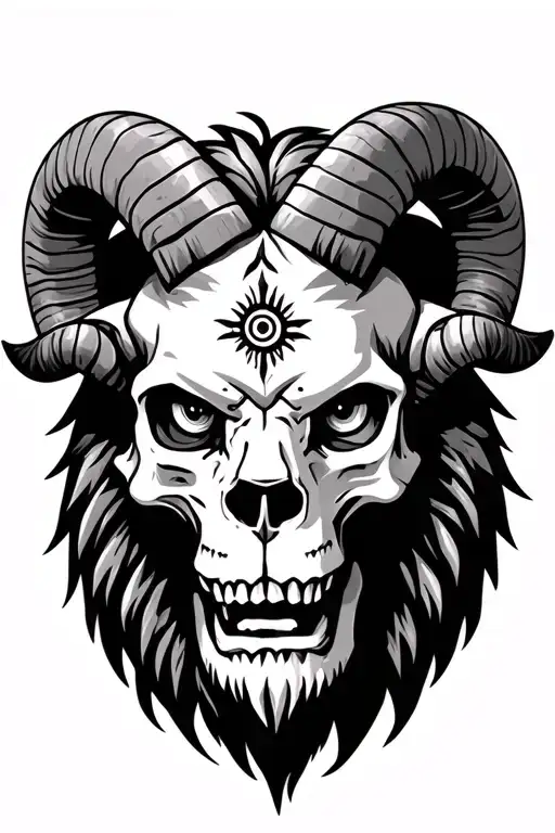skull wearing lions head with ram horns with third eye tattoo design idea