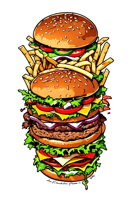all kinds of food, pizza, hamburgers, steak, French fry filler and condiments tattoo design idea