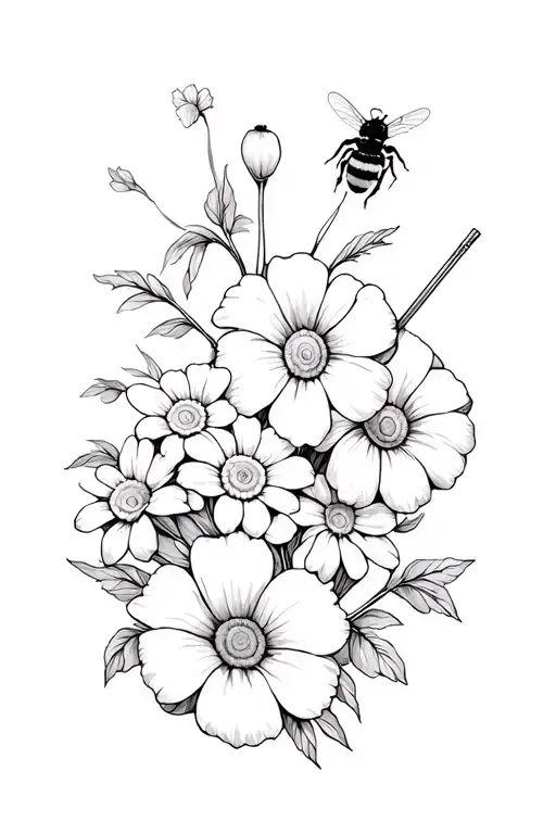 Create a tattoo with daisy and sweet pee flowers and morning glory and include drum sticks and a bee In black and white  tattoo design idea