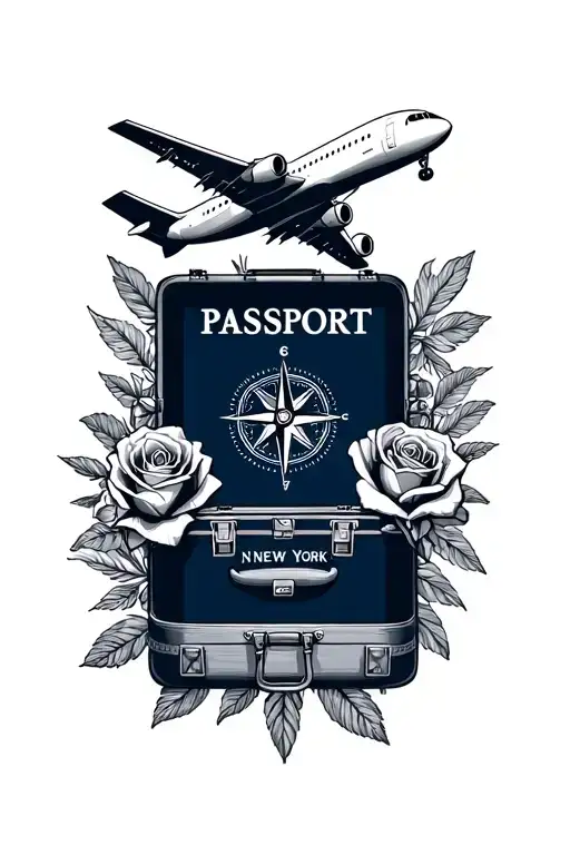 travel, passport stamps, New York, world suitcases, compass, rose, aeroplane tattoo design idea