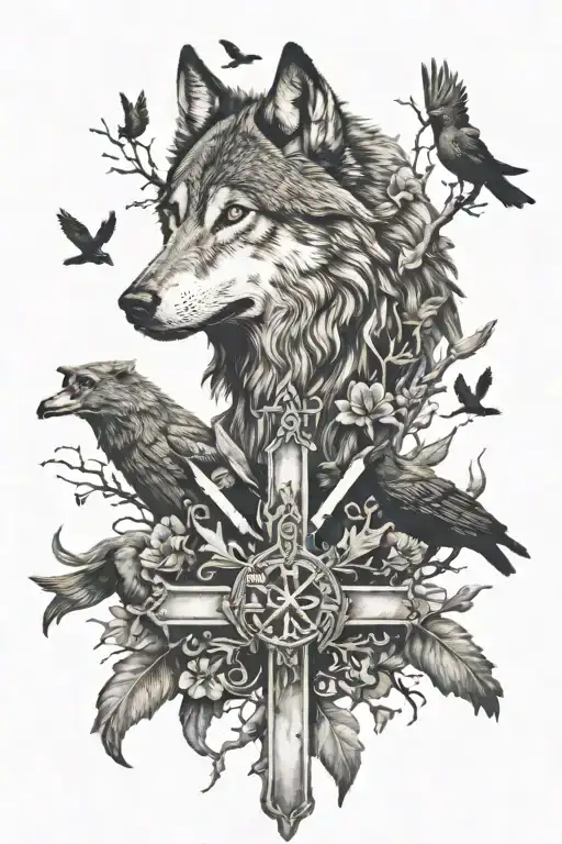Wolf and crows with cross  tattoo design idea