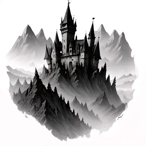 eerie dracula castle overlooking mountains tattoo design idea