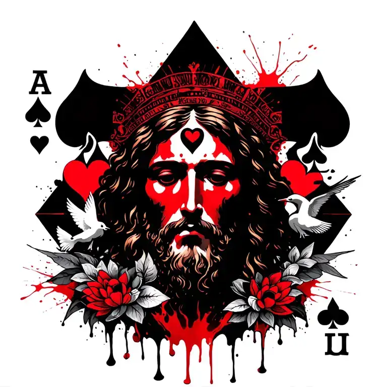 hearts card of spades and doves and lotus all blended in to make a image of Jesus head on the crucifix top left back tat tattoo design idea