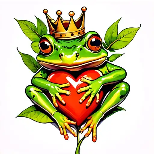 a frog with a crown hugging a heart-shaped leaf intertwined tattoo design idea