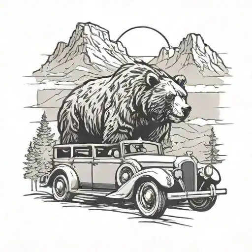Family of grizzly bears in a classic car driving through an American landscape tattoo design idea