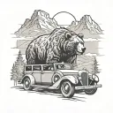 Family of grizzly bears in a classic car driving through an American landscape tattoo design idea