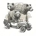 Family of grizzly bears in a classic car driving through an American landscape tattoo design idea