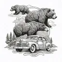 Family of grizzly bears in a classic car driving through an American landscape tattoo design idea