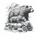 Family of grizzly bears in a classic car driving through an American landscape tattoo design idea