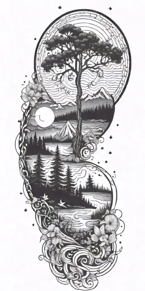 flowing waves, surrounded by a mystical forest scene,subtle elements of sacred geometry and glowing stars and light tattoo design idea