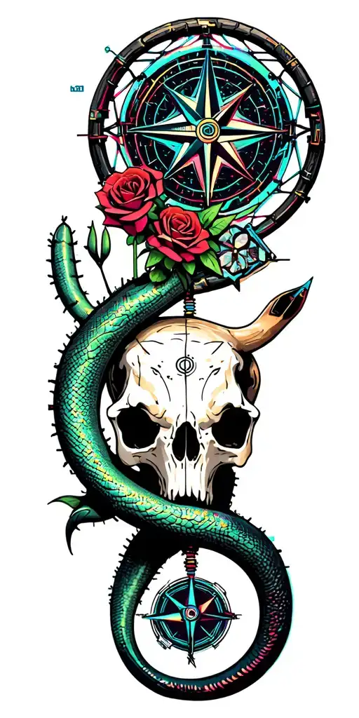 Metal, Southwest, Cactus, Dead Roses, Compass, Dreamcatcher, Cybernetic Snake, Longhorn skull tattoo design idea