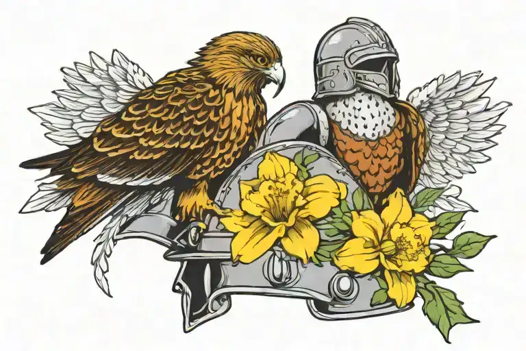 hawk perched on centurion helmet adorned with daffodils tattoo design idea