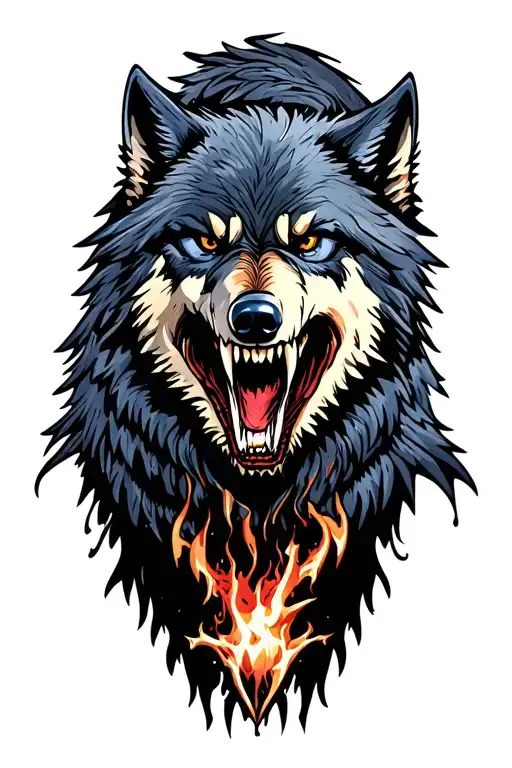 angry wolf and raven tattoo design idea