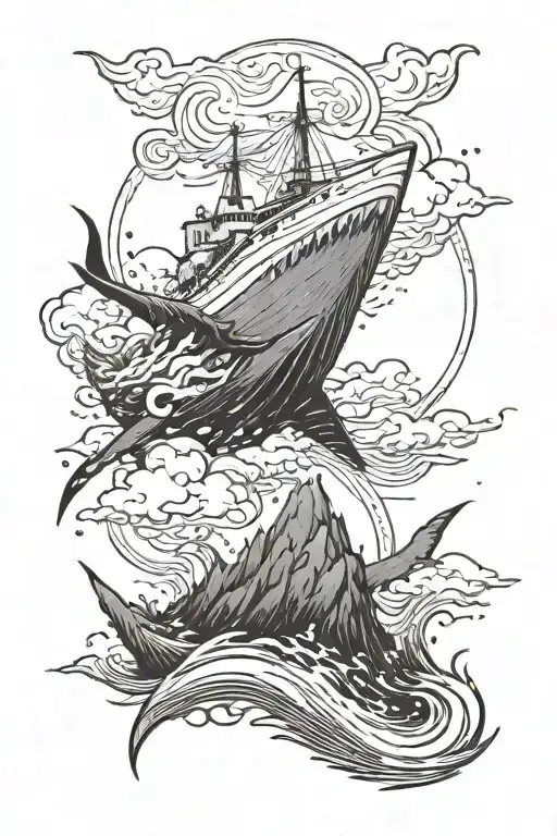 a ship is moving in a storm. below a shark is jumping on a ship with its mouth open. in the background there are mountains in the fog, clouds above tattoo design idea