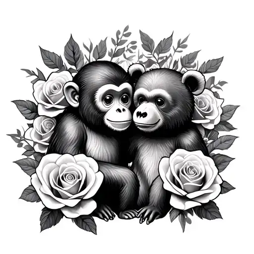 cute monkey and a cute bear surrounded by roses intertwined tattoo design idea