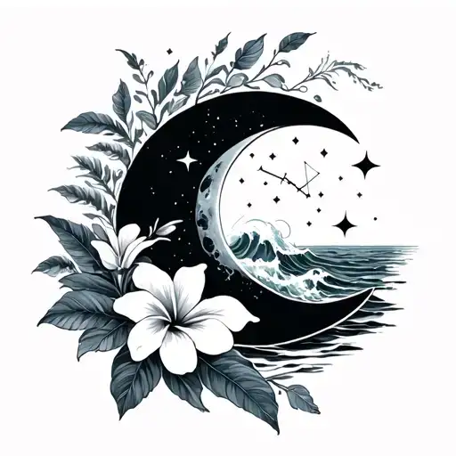 large crescent moon crashing waves plumeria and hibiscus. Pisces constellation in background. feminine & minimal tattoo design idea