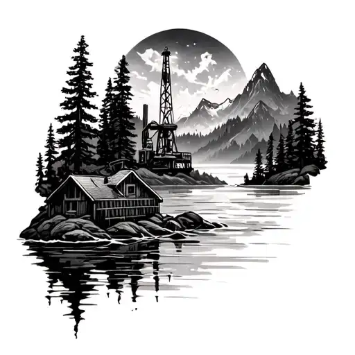 MOUNTAINS, TREES, WATER, DRILLING RIG tattoo design idea