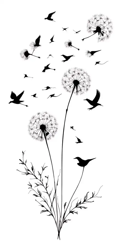 Dandelion with flying petals converting into few birds tattoo from wrist to shoulder and neck tattoo design idea
