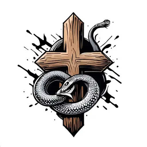 wooden cross tattoo featuring a snake horizontal line tattoo design idea