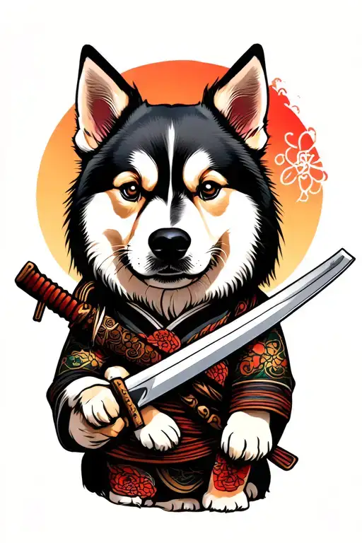 japanese samurai but a dog holding katana wrapped tattoo design idea