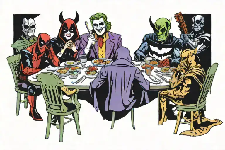 The Joker, Deadpool, Wile E. Coyote, Kenobi, Kronk, and Darth Vader at a dinner Table! tattoo design idea