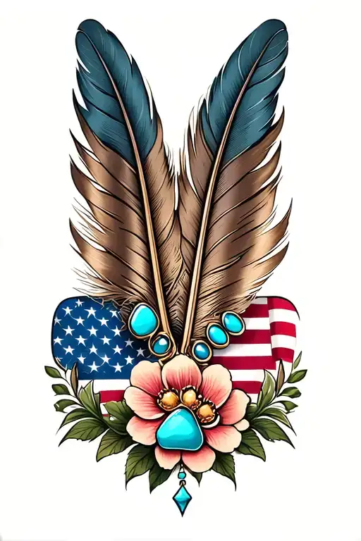2 feathers with 2 small dog paw prints incorporated, american flag with  turquoise western jewlery and flowers tattoo design idea