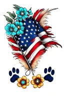 2 feathers with 2 small dog paw prints incorporated, american flag with  turquoise western jewlery and flowers tattoo design idea